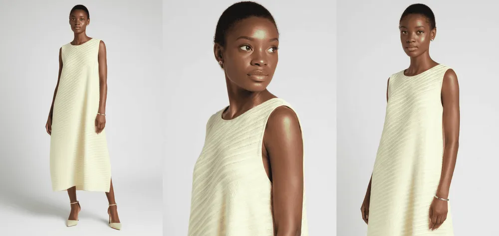 Three example poses showing the same pale yellow dress