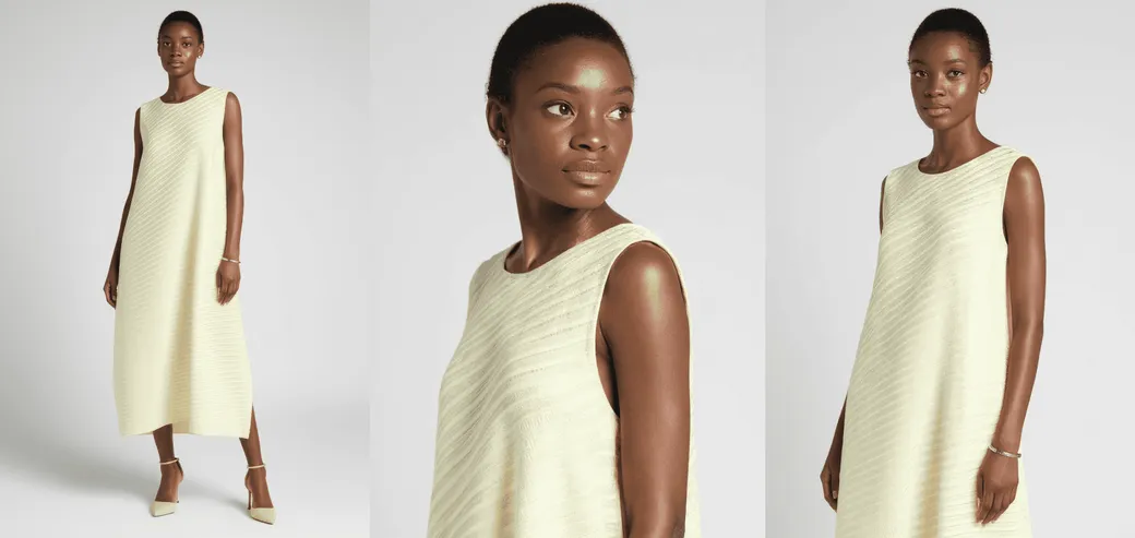 AI-generated model wearing a pale yellow dress in three different poses